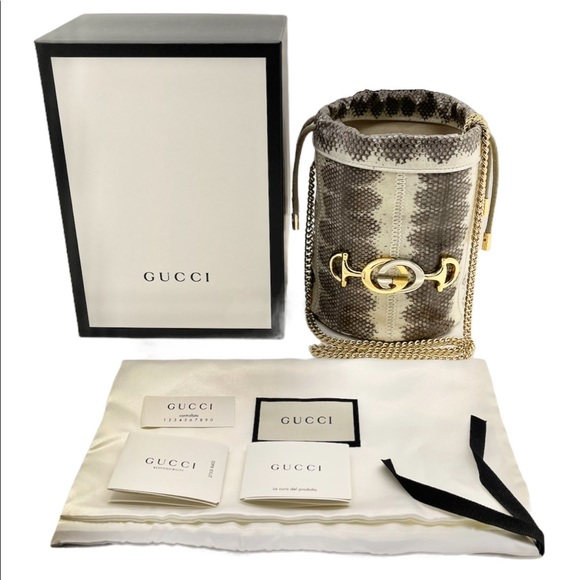 Gucci New With Box Bucket Mini Chain Grey/Ivory Snakeskin Leather Crossbody Pur… - Picture 2 of 12